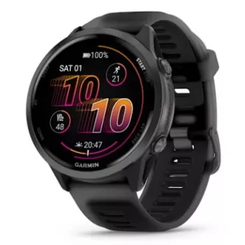 Smartwatch GARMIN Forerunner 570 — 47 mm schiefergrijs aluminium behuizing, doorschijnend zwart siliconenband