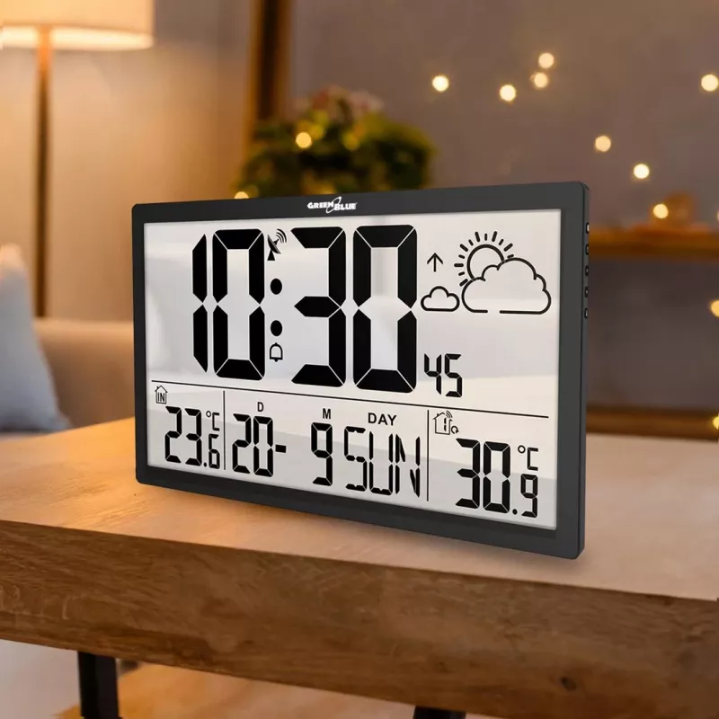 Wandklok GreenBlue GB218 — extra groot LCD, weerstation, binnen-/buitentemperaturen, datumweergave