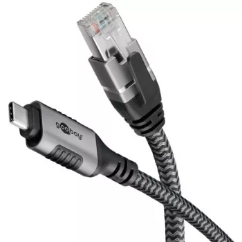 Wentronic goobay - netwerkkabel - 24 pin USB-C (M) naar RJ-45 (M) - 1,0 m - 6 mm - FTP - CAT 6 - USB 3.1 - gevlochten kabel - zwart, zilver (70696)