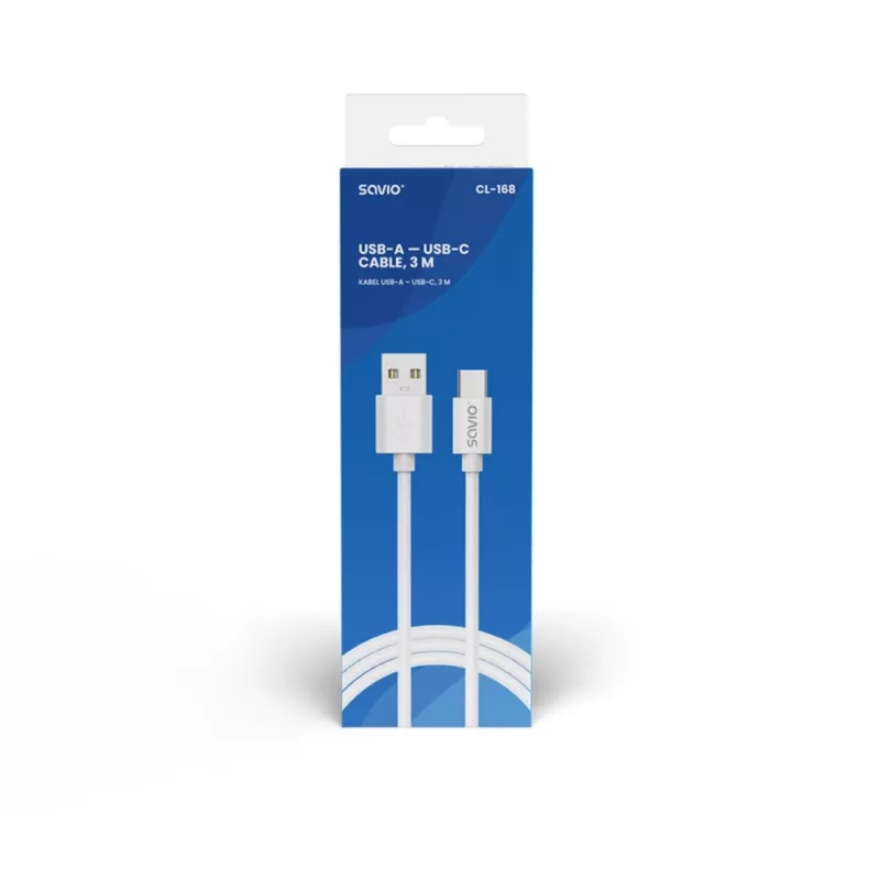 USB 2.0-kabel SAVIO CL-168, USB A (stekker) naar USB C (stekker), 3 m, wit