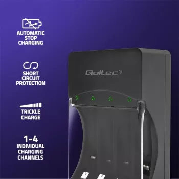 Batterijlader QOLTEC 50653 voor Ni-MH AAA (R03) en AA (R6) accu's, 220–240 V ingang, 1,2 V uitgang