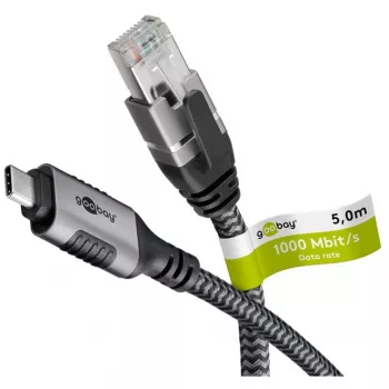 Ethernet-kabel USB-C 3.2 Gen2 stekker > RJ-45 stekker (zwart/zilver, 5 meter, gevlochten textielmantel)