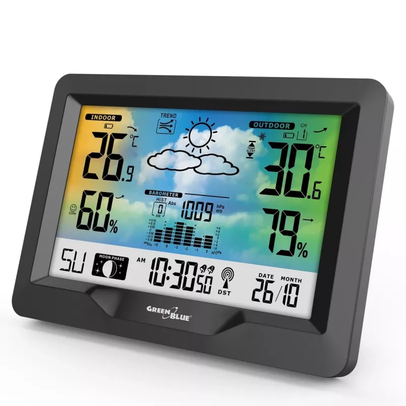 Hygrometer thermometer GreenBlue GB540 — indoor 0–50°C / outdoor -20–65°C, DCF-klok, buitensensor 60 m, zwart