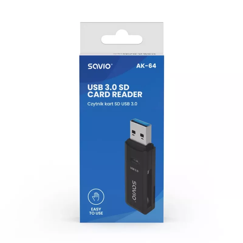 Kaartlezer SAVIO AK-64 USB 3.2 Gen 1 Type-A-uitgang, MicroSD-slot, 5000 Mbit/s, zwart