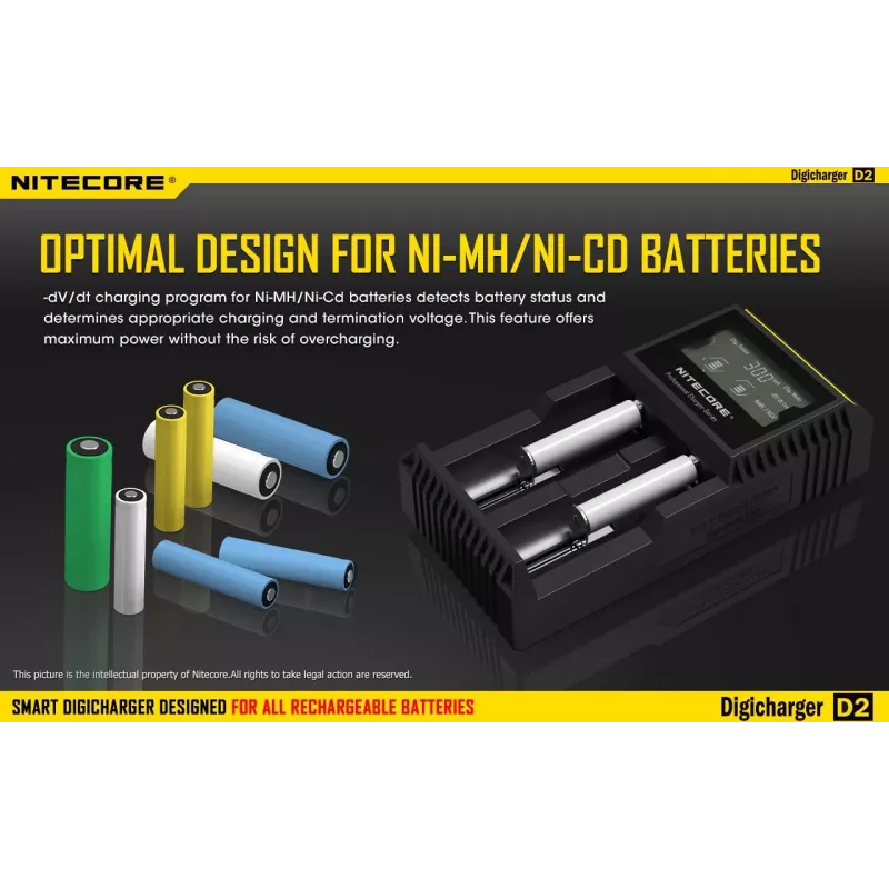 Batterijoplader Nitecore D2 — 2-vaks oplader voor AA/AAA/AAAA/C-accu's, 100–240V ingangsspanning, 4,2V uitgangsspanning, zwart