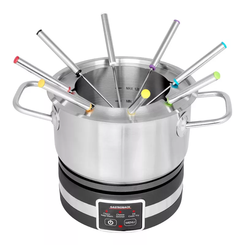 Gastroback 42568 Fondue MultiCook 4in1 en kookplaat, 1200 W, roestvrijstalen pan van 2,3 l, 8 vorkjes