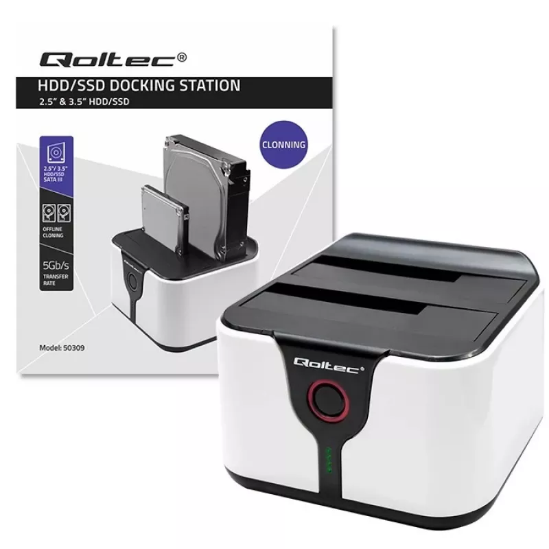Qoltec 50309 HDD SSD 2.5 3.5 dockingstation | SATA III | USB 3.0 | Super Speed 5 Gb/s | met kloonfunctie