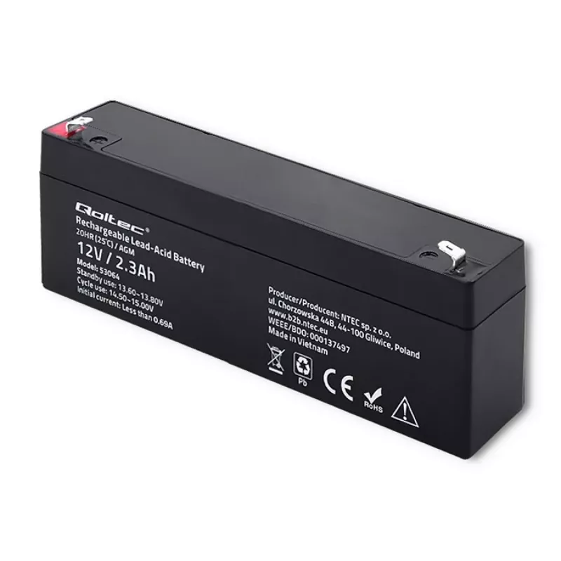 Verzegelde AGM-accu QOLTEC 12V 2,3Ah voor UPS- en back-upsystemen, max. ontlading 34,5A