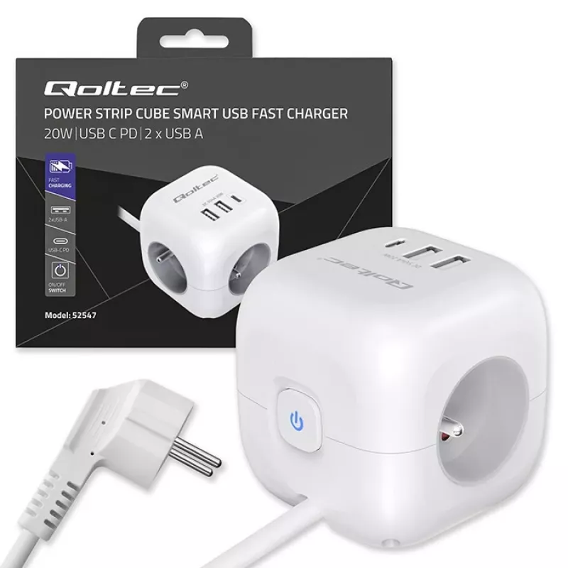 Power Cube QOLTEC 52547 stekkerdoos 3×AC-stopcontacten, 2×USB-A, 1×USB-C PD 20W