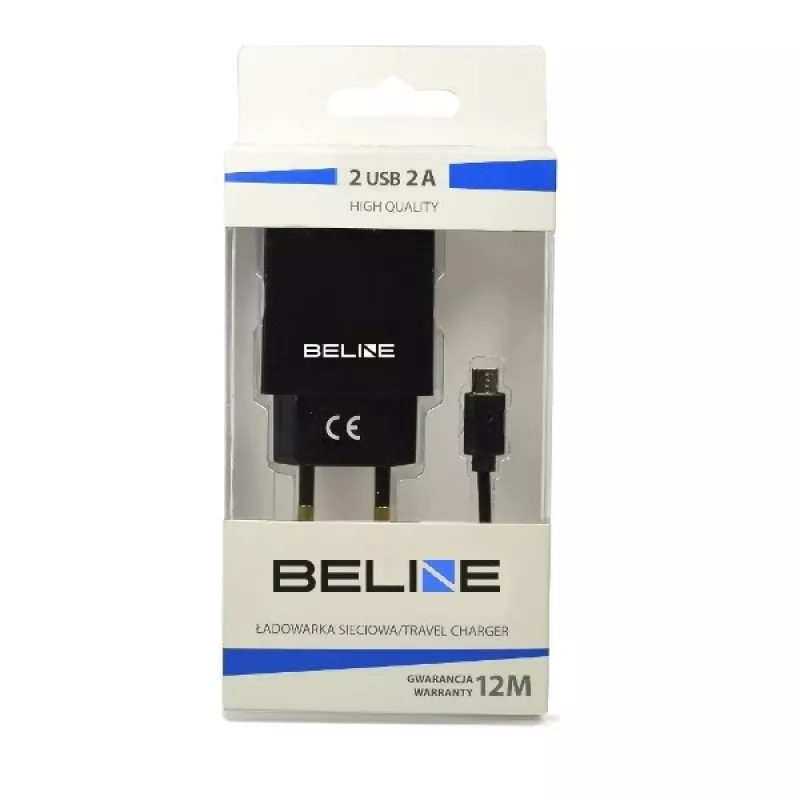 Reisoplader Beline Beli0011 — 2×USB-aansluitingen, microUSB-kabel, 2A uitgang, zwart
