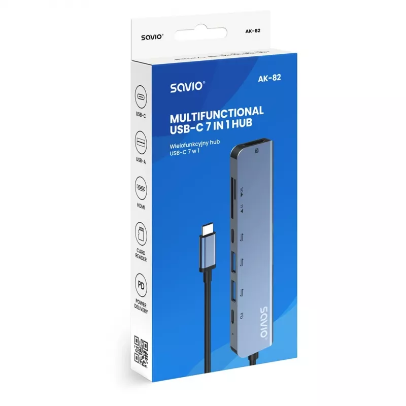 USB Type-C hub SAVIO AK-82 met HDMI, MicroSD, USB 3.2 Gen1, PD-doorgang, 4K@30Hz, 5000 Mbit/s, zwart