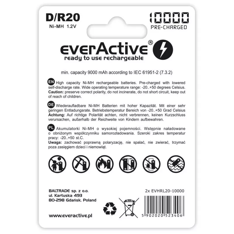 Oplaadbare batterij everActive EVHRL20-10000 D NiMH 1,2 V 2 stuks