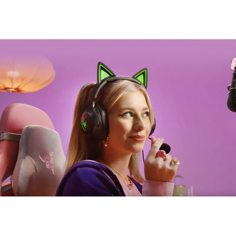 Kraken Kitty V2 - zwart, gamingheadset, kattenoren, stream-reactieve verlichting, HyperClear-cardioïdemicrofoon, 40 mm TriForce-drivers, ingebouwde microfoon in de oorschelpen, Razer Chroma RGB (oor en oorschelpen), surround sound: alleen beschikbaar onder