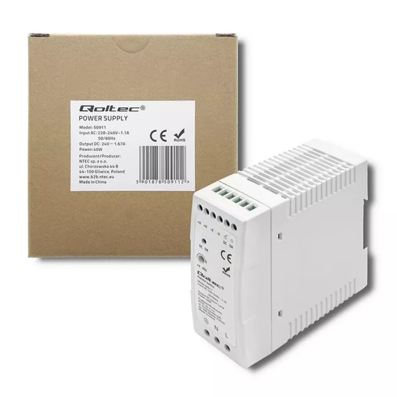 Qoltec DIN-rail voeding | 40W | 24V | 1.67A | wit | slank