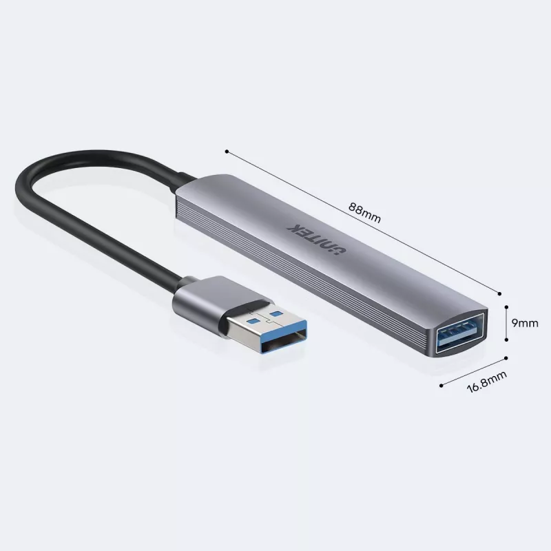 Unitek H1208A USB-A-hub, 4 poorten (1x USB-A 5 Gbps, 3x USB-A 2.0), aluminium, zilver