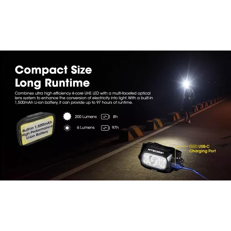 Hoofdlamp Nitecore NU30 — compacte, draagbare LED-hoofdlamp, tot 500 lumen, meerdere vermogensstanden, roodlichtmodus