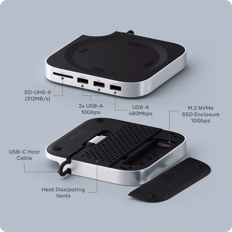 Satechi laptop-dock/poortreplicator ST-GNMMES — bedrade USB 3.2 Gen 2 Type-C hub, USB-A & SD, zilver