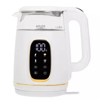Waterkoker Adler AD 1305WG — 1,7 l, 2200 W, glas/kunststof, wit/goud/transparant