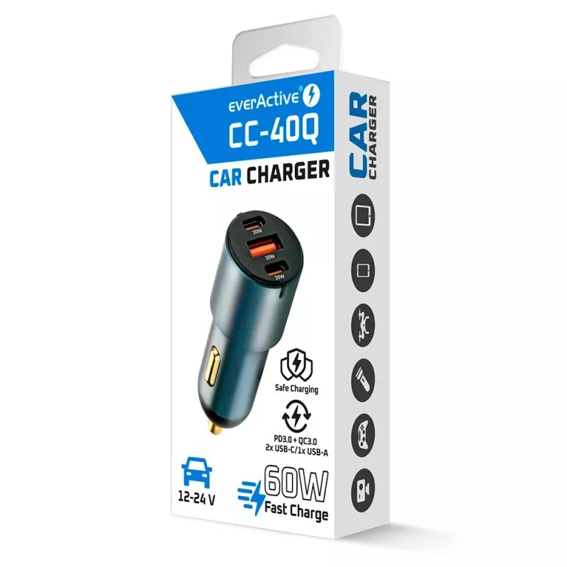 Auto-oplader everActive CC-40Q QC3.0 60W, USB-autoadapter voor het opladen van mobiele apparaten