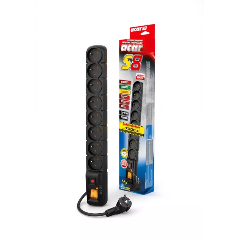 ACAR S8 zwart 8 AC-stopcontacten 230 V 5 m