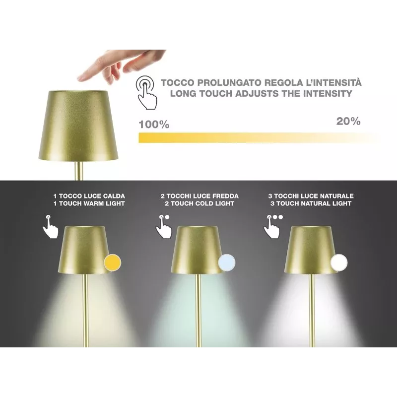 Beper P201UTP116 oplaadbare LED-tafellamp, 1,5 W, aanraakschakelaar, dimbaar, flesadapter van 33 mm, waterbestendig, goudkleurig