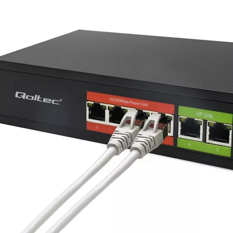 Ethernet PoE-switch QOLTEC 52289 — 4x RJ45 PoE-poorten, 2x RJ45 uplink, 65W PoE-budget