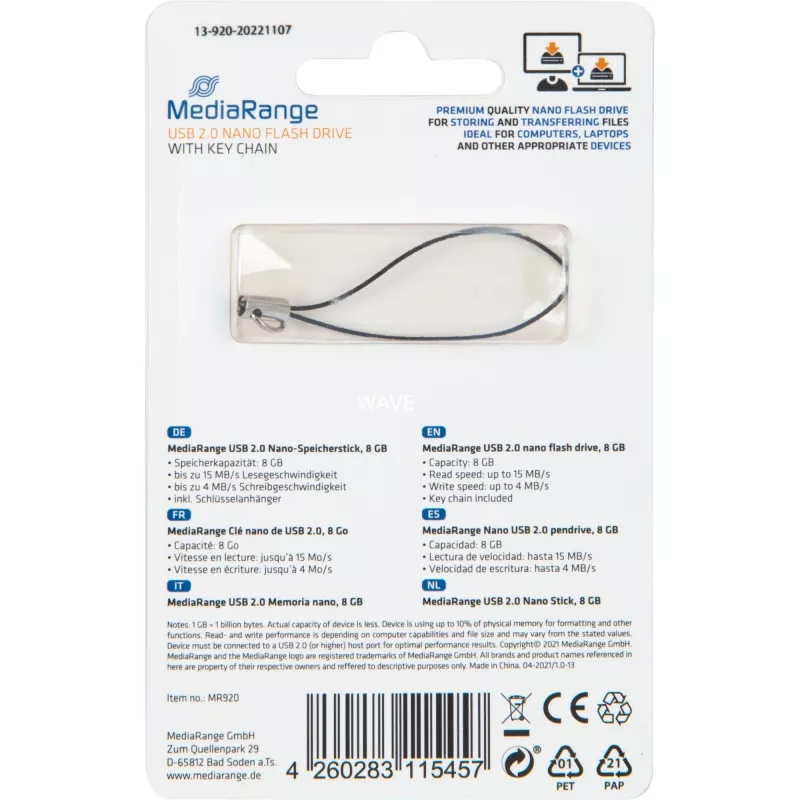 MediaRange Nano - USB-flashdrive - 8 GB - USB2.0 - zwart (MR920)