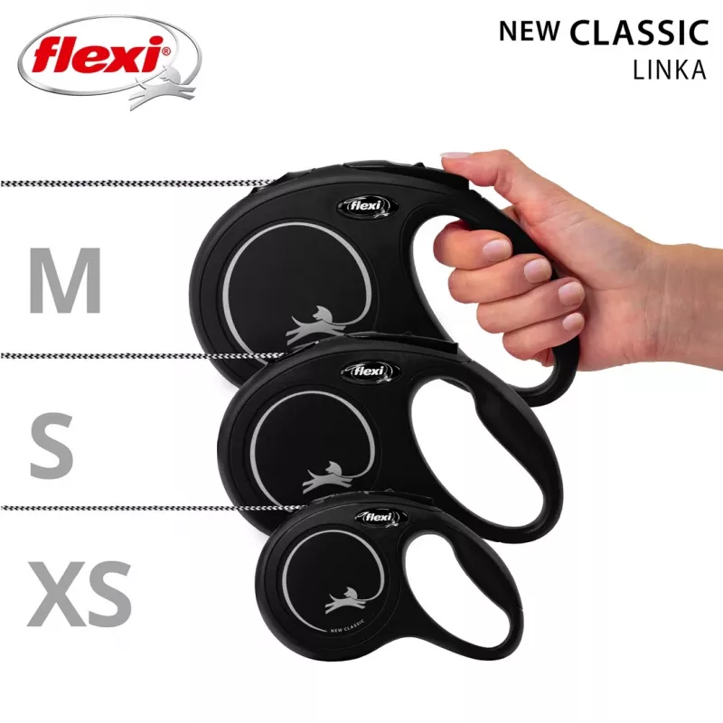 Rollijn Flexi Classic 5 m zwart voor middelgrote honden, snoer, max. belasting 20 kg, reflecterende elementen