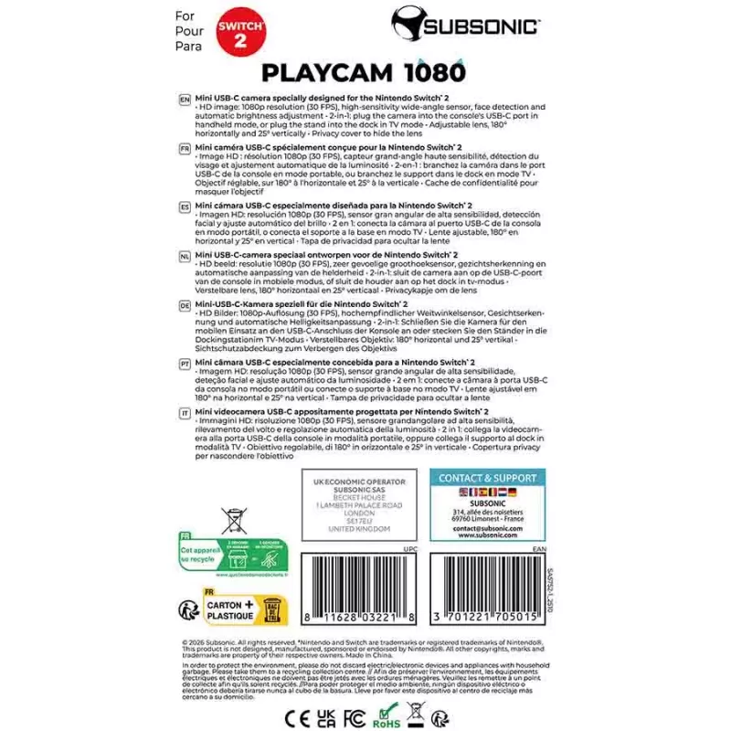 Subsonic Playcam 1080 2in1 HD minicamera voor Nintendo Switch 2 lichtblauw
