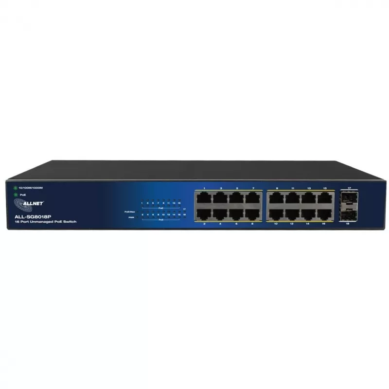 ALLNET 18-poorts Gigabit PoE switch ALL-SG8018P — 16 PoE-poorten + 2 uplink, Gigabit Ethernet