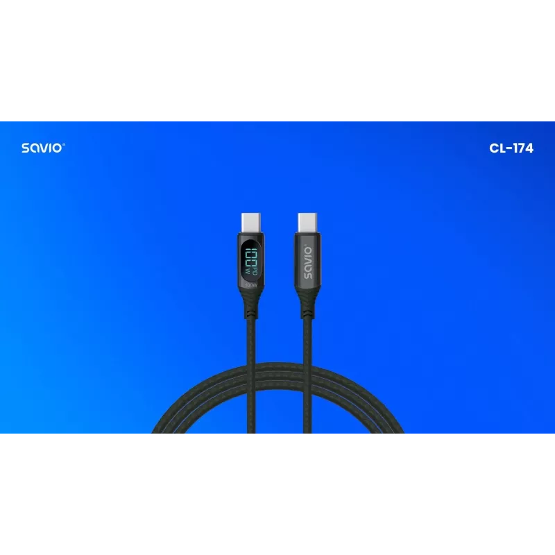 Savio CL-174 USB-C-naar-USB-C-kabel, 100 W, Power Delivery/Quick Charge, digitaal display, 1 m, groen