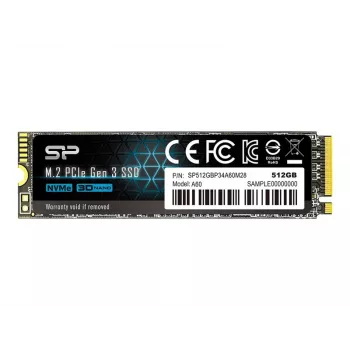 SSD M.2 NVMe Silicon Power P34A60 512 GB — PCIe, lezen 2200 MB/s, schrijven 1600 MB/s, NVMe 1.3