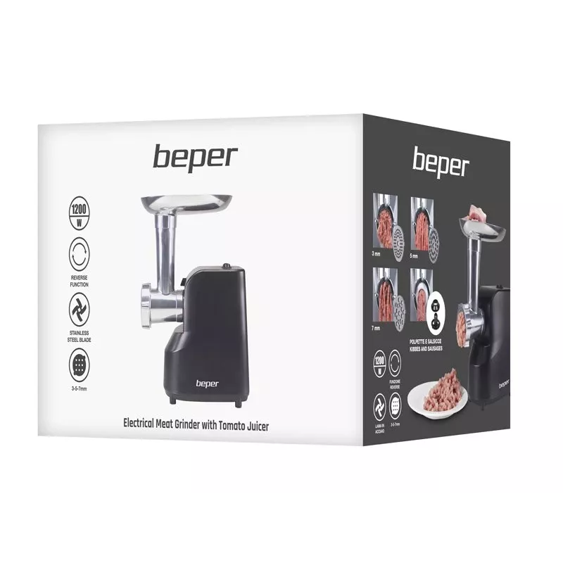 Beper P102ROB200 elektrische vleesmolen met tomatenpers, 1200 W, zwart