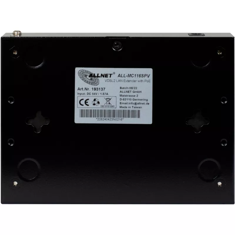 ALLNET ALL-MC116SPV-VDSL2 point-to-point VDSL2-vectoring-bridgemodem, 2x PoE IEEE 802.3at-poorten, unmanaged, zwart