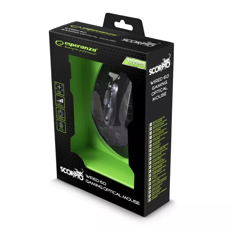 Esperanza MX203 SCORPIO - muis - USB - blauw - muis - optisch - 6 knoppen - zwart