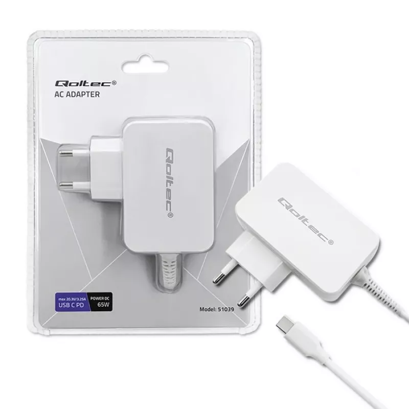 Qoltec 51039 65 W USB-C PD-voedingsadapter, 5–20,3 V, 2–3,25 A, ingebouwde USB-C-kabel, wit