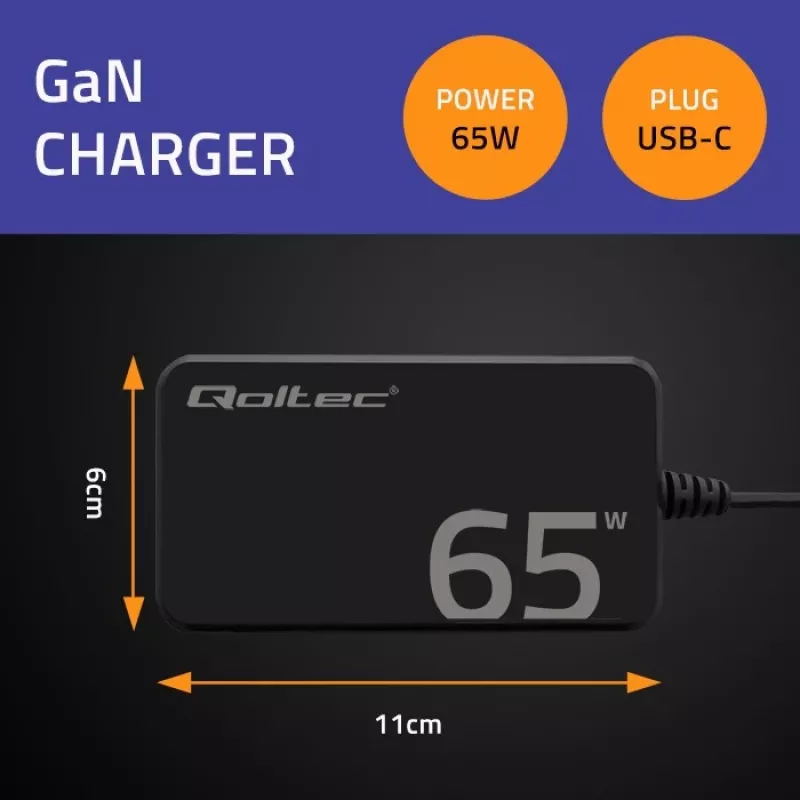 QOLTEC oplader 65W GaN Super Fast slank PD 5-20V 3,25A USB-C