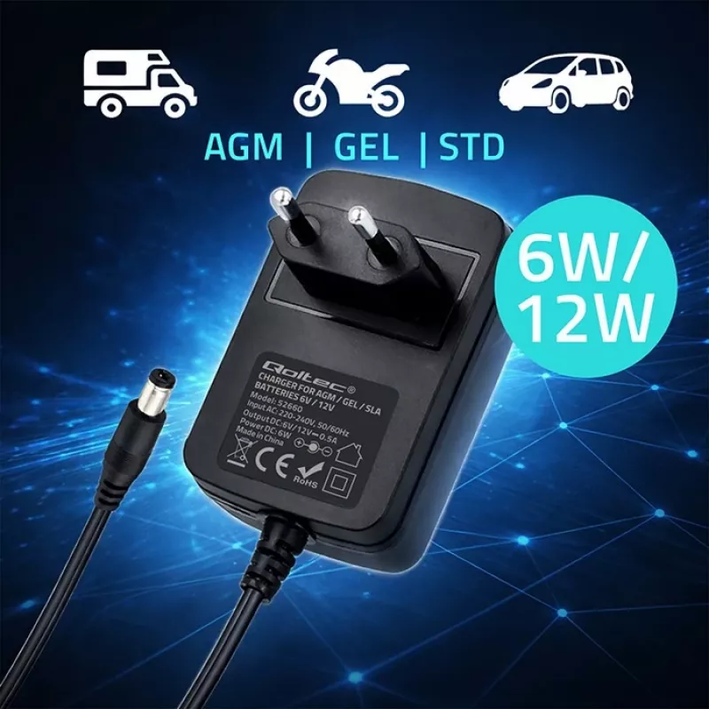 Acculader QOLTEC model 52660 — 6V/12V, 6W lader