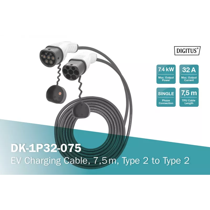 Digitus EV-oplaadkabel 7,5 m Type 2 naar Type 2 32 A 240 V