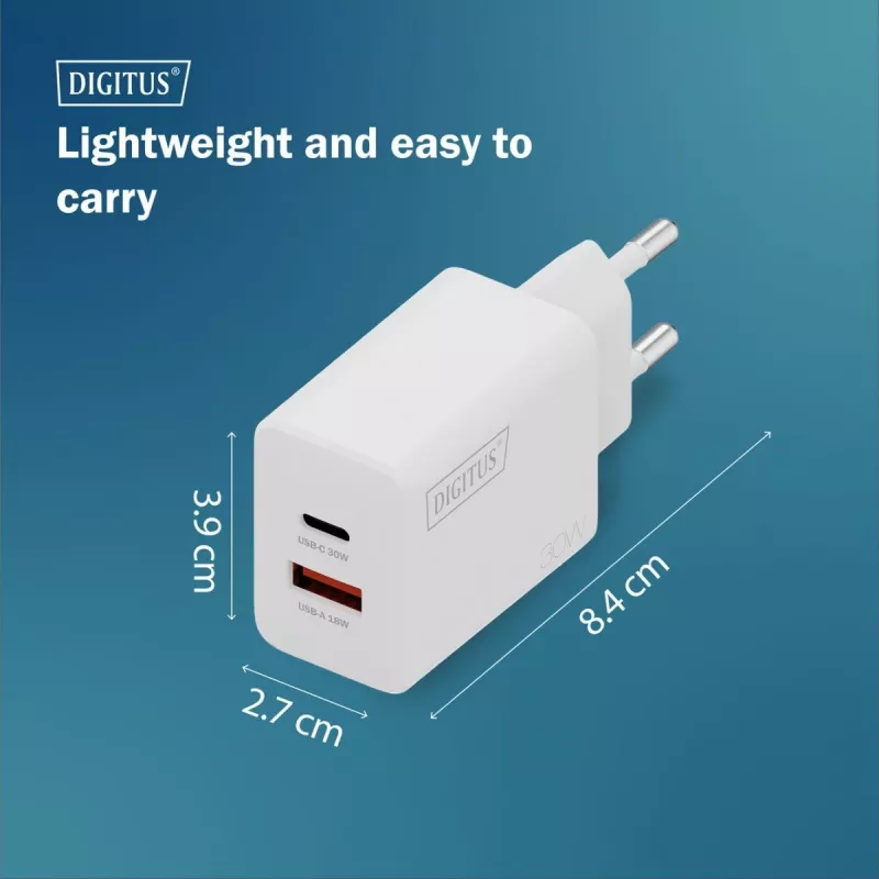 AC indoor USB GaN-oplader DIGITUS DA-10301 — 30W, 1× USB-C, 1× USB-A, 100–240V, wit