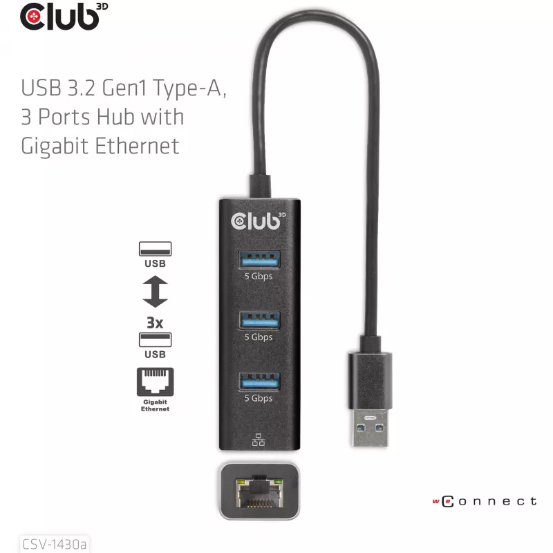 USB-hub CLUB3D USB 3.2 Gen1 Type-A met 3 aansluitingen en Gigabit-Ethernet