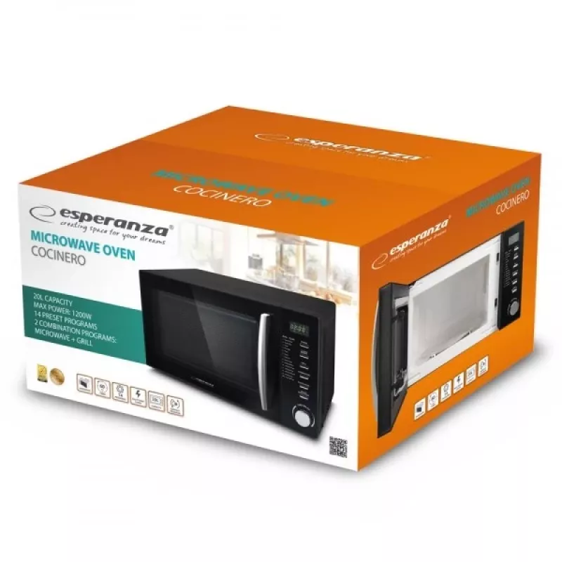 Combimagnetron ESPERANZA COCINERO 1200 W, 20 L, grill 900 W, LED-display, tafelmodel, zwart