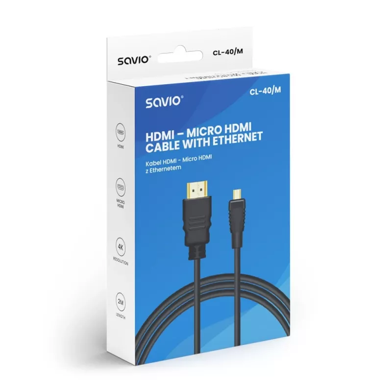 Savio CL-40/M HDMI (M) - micro HDMI (M) kabel met ethernet, 2m, zwart