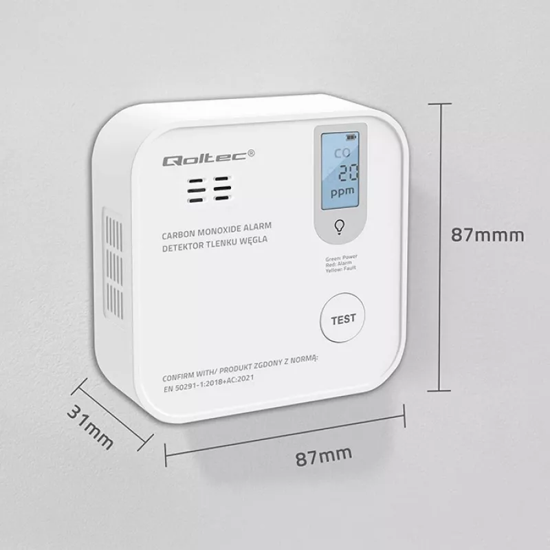 Koolmonoxide-sensor QOLTEC 52577 — batterijgevoed alarm, 85 dB geluidsniveau