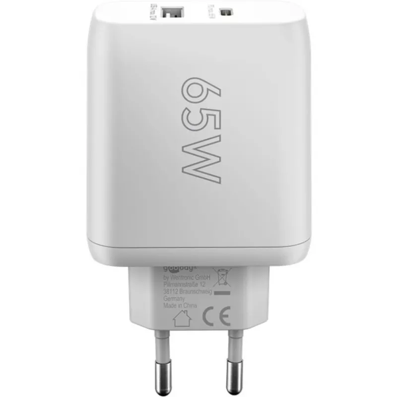 USB-C dual-snellader, PD, GaN, 65 watt (wit, 1x USB-C, 1x USB-A, Power Delivery)