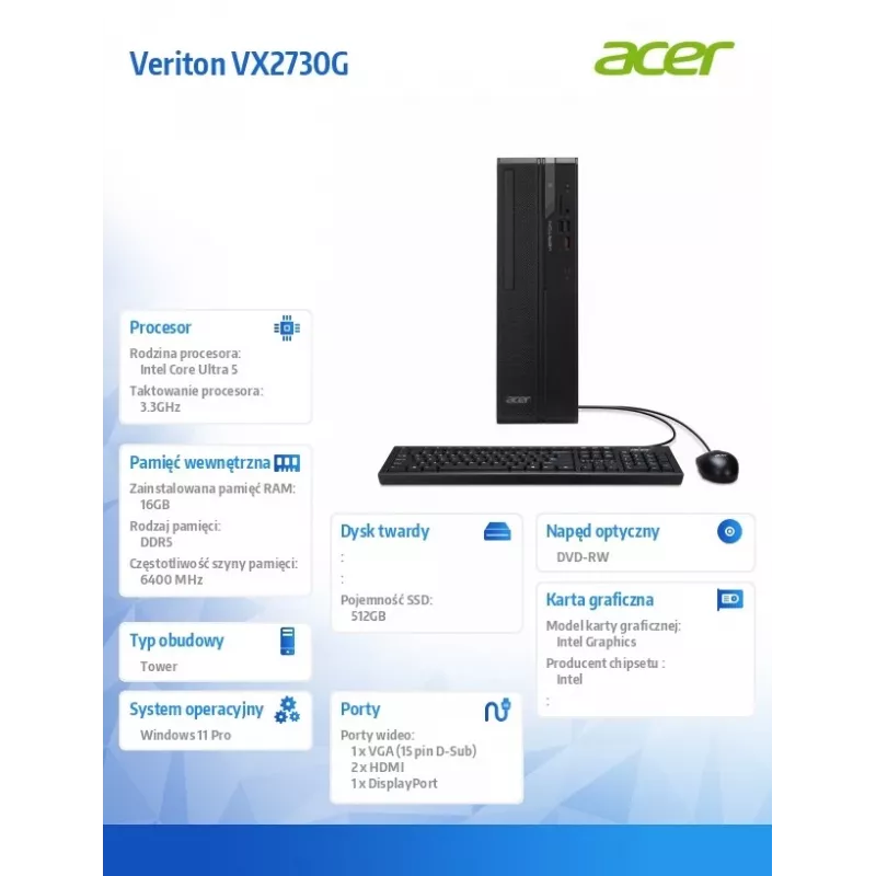 Desktop-pc Acer Veriton VX2730G U5 225 met 16 GB RAM en 512 GB SSD, Windows 11 Pro