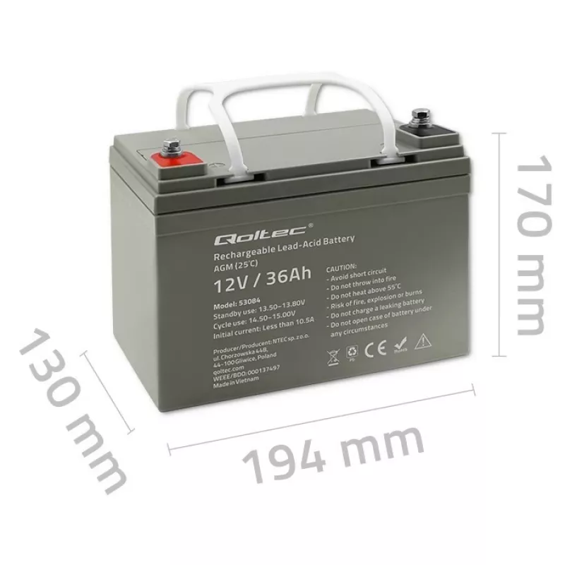 Verzegelde AGM-UPS-accu QOLTEC 53084 12V 36Ah LongLife