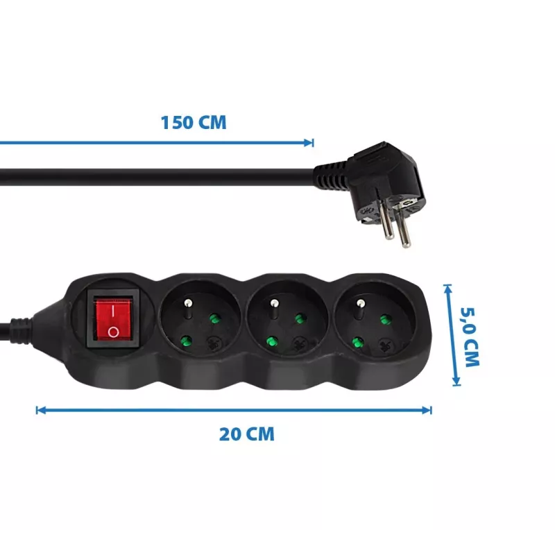 Verlengsnoer ESPERANZA ELK210K — 1,5 m kabel, 3 AC-stopcontacten type E, haakse stekker, binnen, zwart