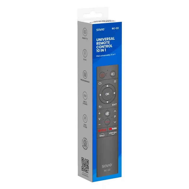 SAVIO TV-afstandsbediening RC-22 — IR, draadloos, universeel, 20 toetsen, 10 m bereik, USB‑C, zwart