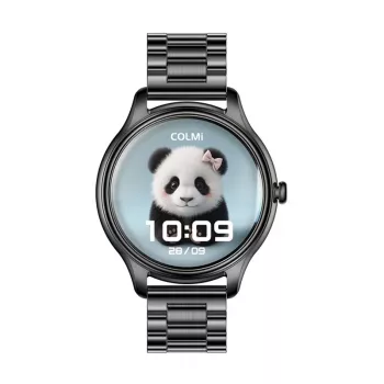 Smartwatch Colmi L28 met zwarte behuizing en zwarte roestvrijstalen band